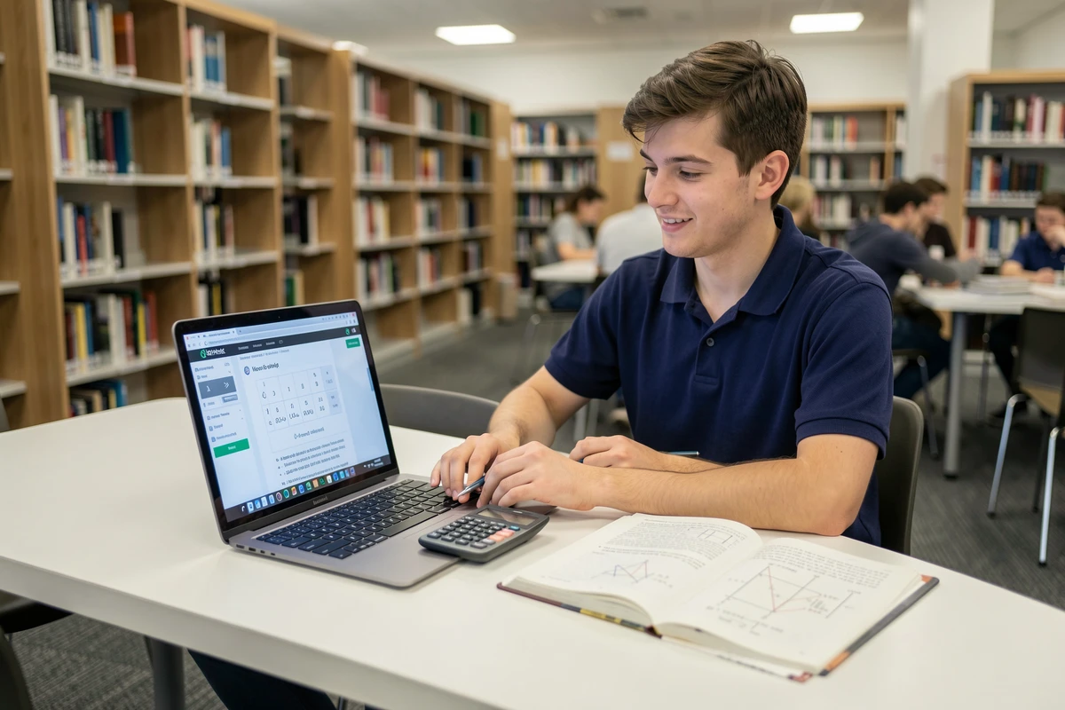 Étudiant en bibliothèque utilisant un ordinateur portable et une calculatrice pour convertir arcsin en degrés et radians
