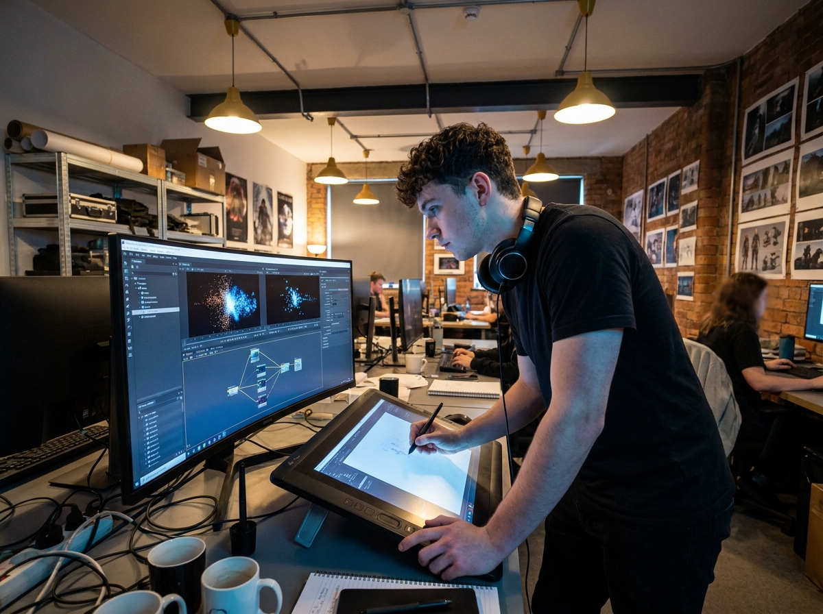 Étudiant en effets visuels analysant des simulations de particules sur un grand écran dans un studio de création partagé