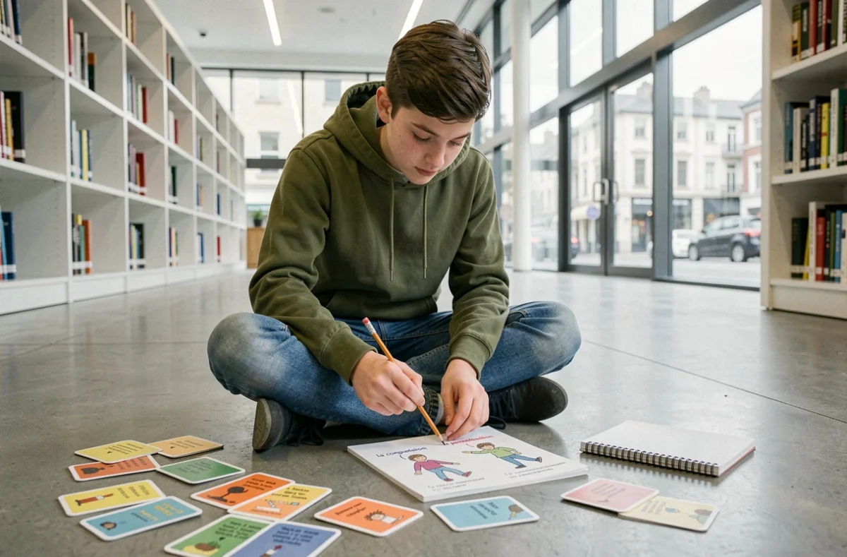 Adolescent révisant les figures de style françaises avec des fiches et un cahier sur le sol d'une bibliothèque moderne