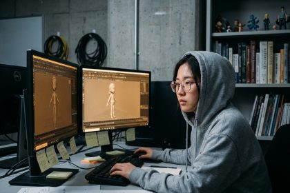 Étudiante en animation 3D travaillant sur un logiciel de modélisation dans un laboratoire universitaire équipé de doubles moniteurs