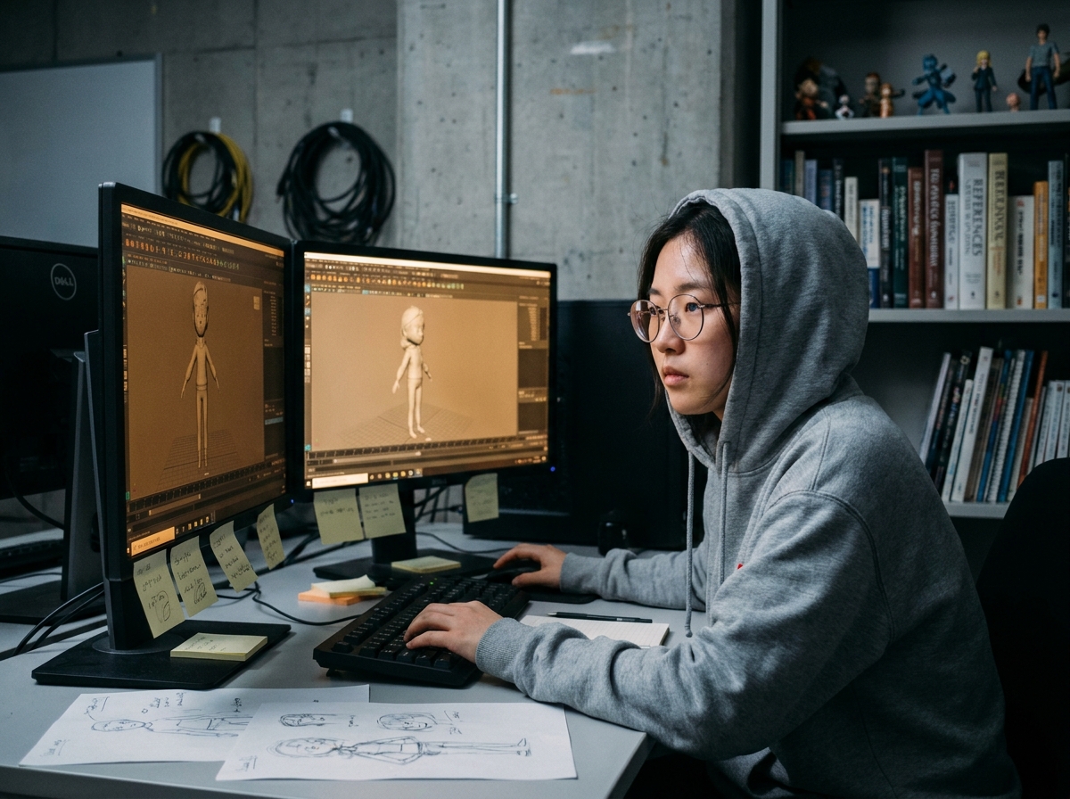 Étudiante en animation 3D travaillant sur un logiciel de modélisation dans un laboratoire universitaire équipé de doubles moniteurs