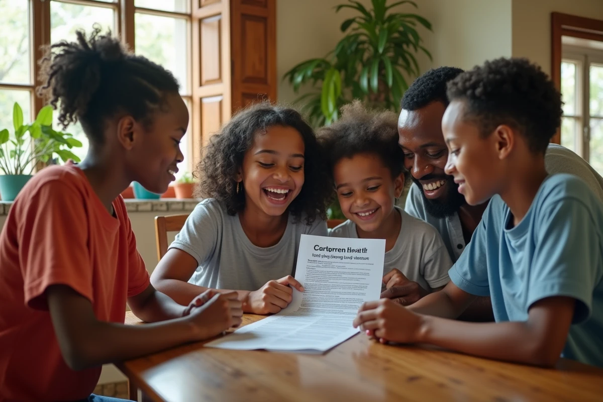 Famille guadeloupéenne consultant un guide de prévention santé sur les algues sargasses à la maison