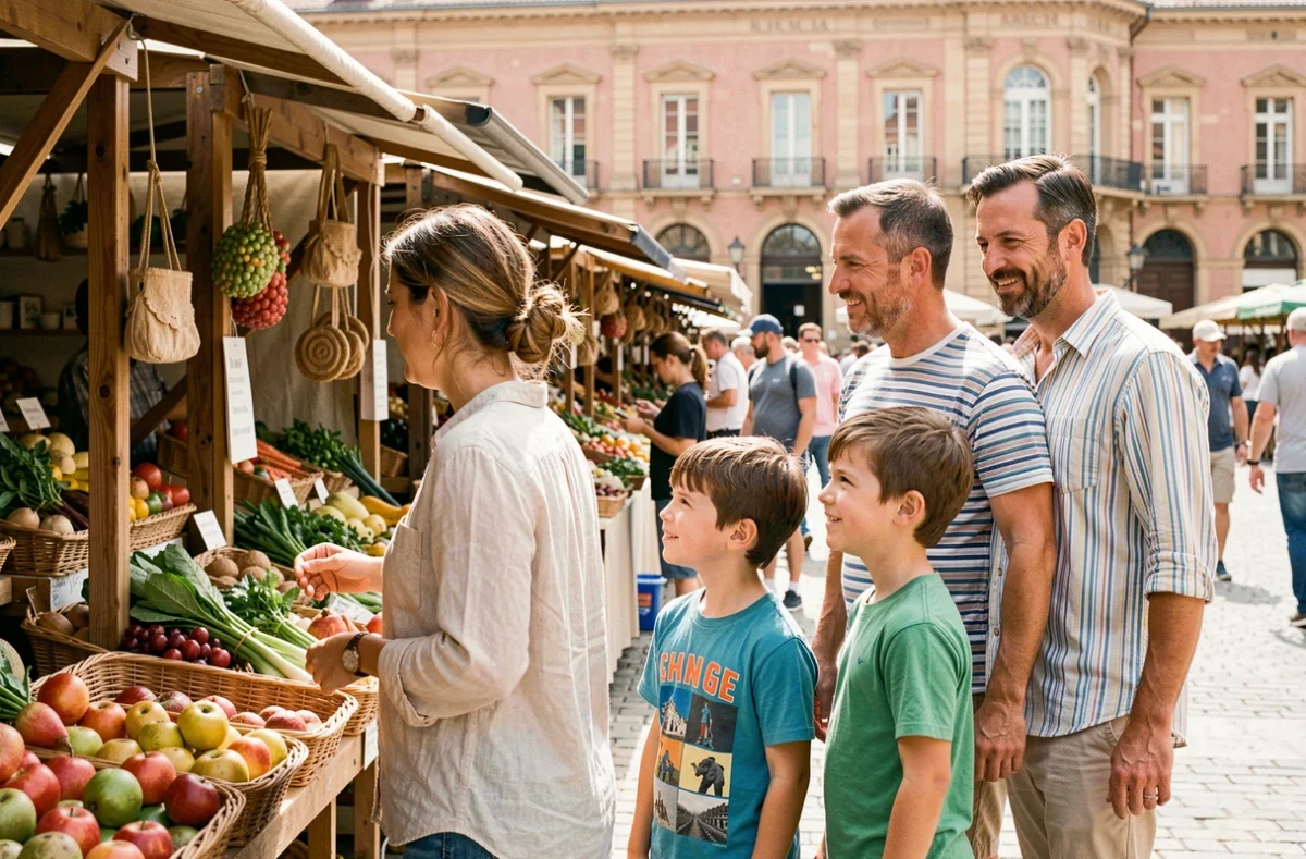 Famille en balade au marché du Capitole à Toulouse, parents et enfants découvrant les étals colorés