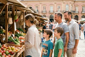 Famille en balade au marché du Capitole à Toulouse, parents et enfants découvrant les étals colorés
