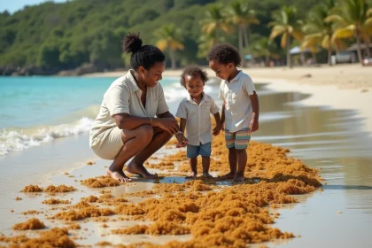 Femme guadeloupéenne protégeant ses enfants des algues sargasses sur la plage en Guadeloupe