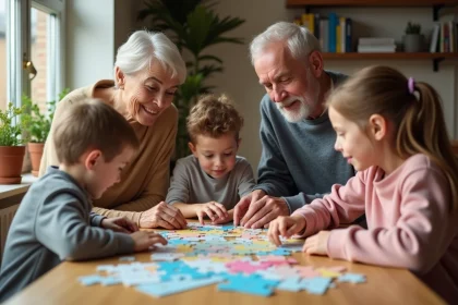 Famille multigenerational autour d'un puzzle coloré à la maison