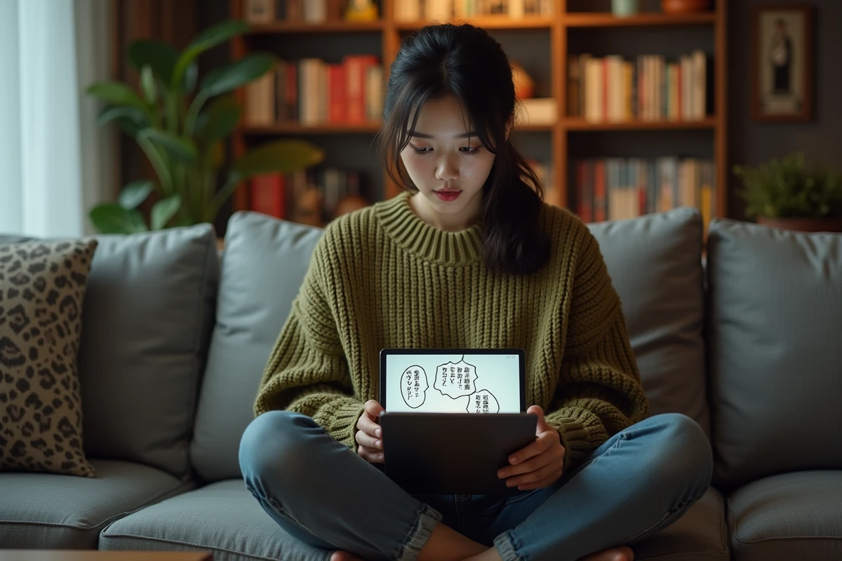 Femme fan de manga réagissant avec surprise à la lecture du scan One Piece 1155 sur une tablette dans son salon