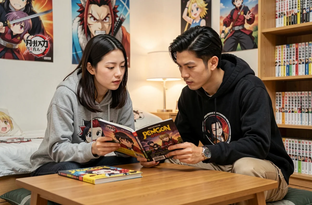 Deux jeunes fans de Demon Slayer étudiant un guide débutant sur Rengoku dans une chambre décorée de mangas