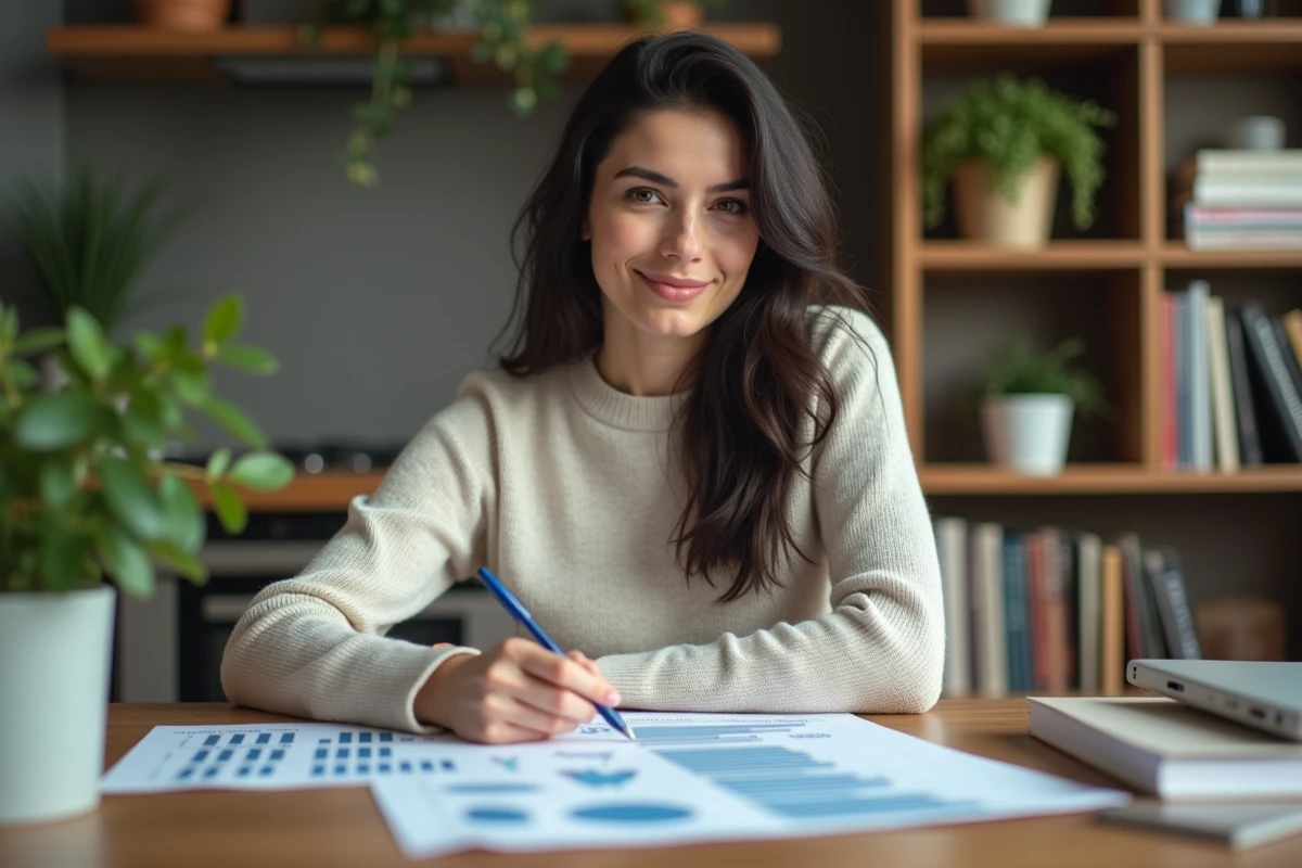 Femme analysant des graphiques de population à la maison