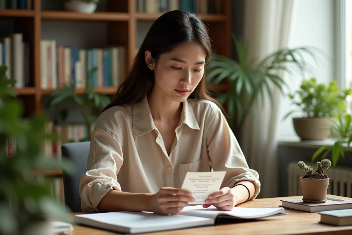 Jeune femme étudiant les règles palmiers sur une fiche mémo à son bureau avec des plantes en arrière-plan