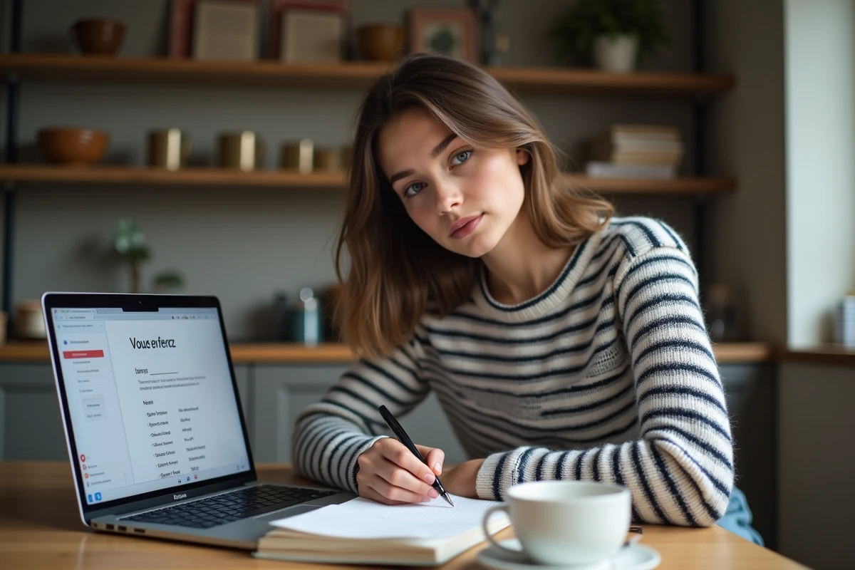 Jeune femme étudie le français à la maison