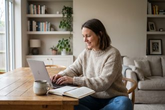 Femme assise à un bureau moderne en sweater et jeans