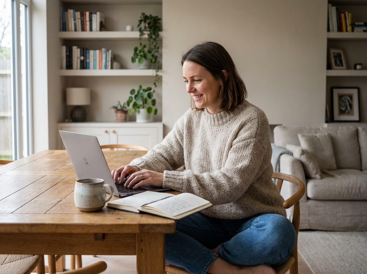 Femme assise à un bureau moderne en sweater et jeans