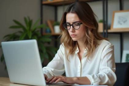 Jeune femme au bureau regardant son ordinateur