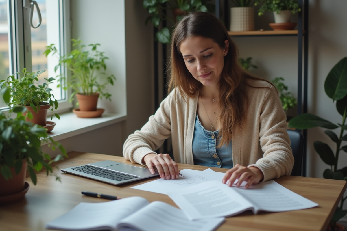 Femme concentrée travaillant à son bureau à domicile