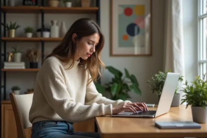 Jeune femme au bureau privé regardant son ordinateur