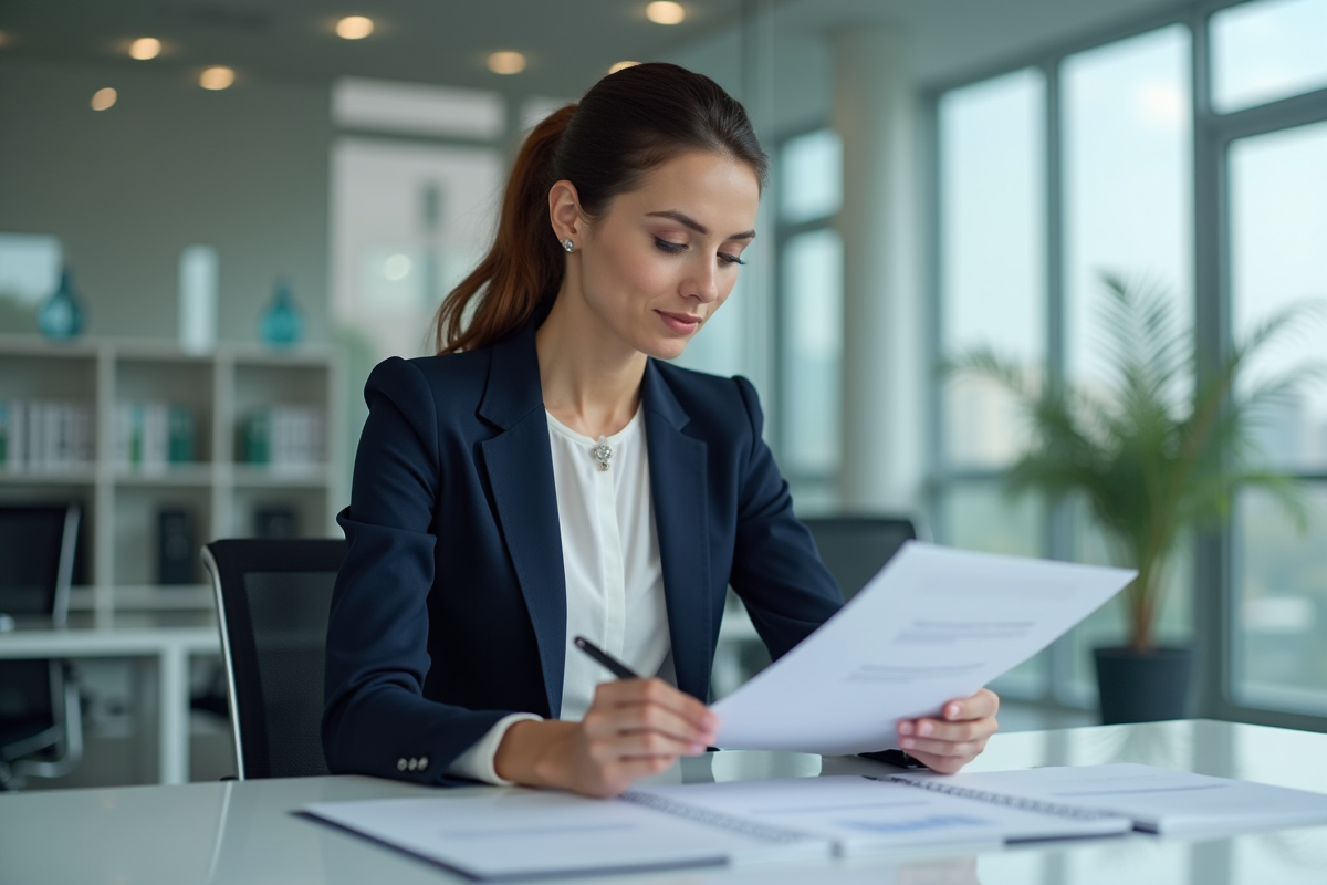 Femme en costume dans un bureau moderne et lumineux