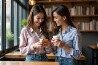 Jeune femme française souriante dans un café urbain avec amie britannique
