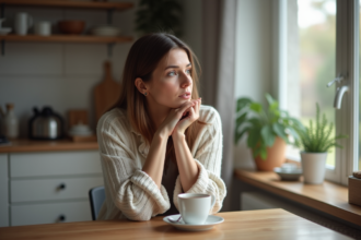 Femme assise à la maison avec un café en main