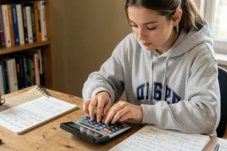 Jeune femme utilisant une calculatrice scientifique pour calculer l'arcsin en degrés et radians sur un bureau en bois