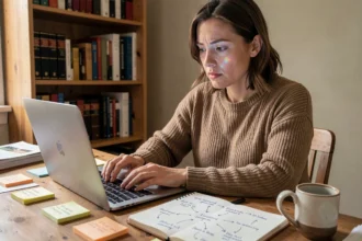 Femme concentrée jouant à Cémantix sur ordinateur portable entourée de notes de mots et d'associations d'idées