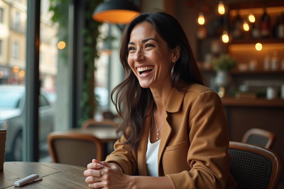 Femme confiante et souriante dans un café lumineux