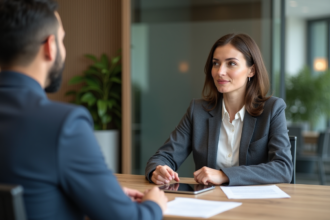 Femme élégante en conseil bancaire dans un bureau moderne