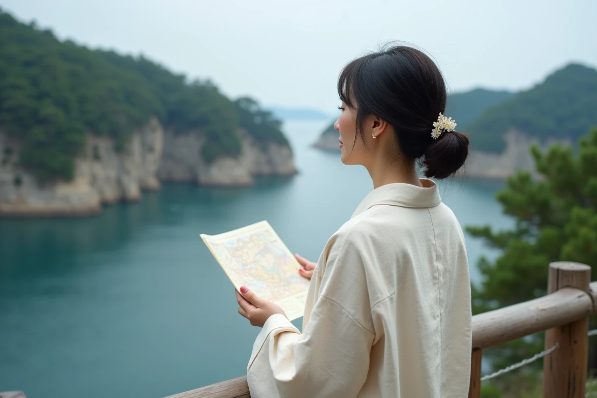 Femme japonaise contemplant une baie depuis une terrasse en bois entourée de falaises boisées