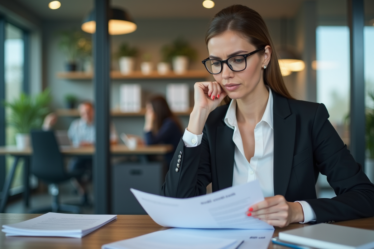 Femme en bureau examinant un contrat CDI