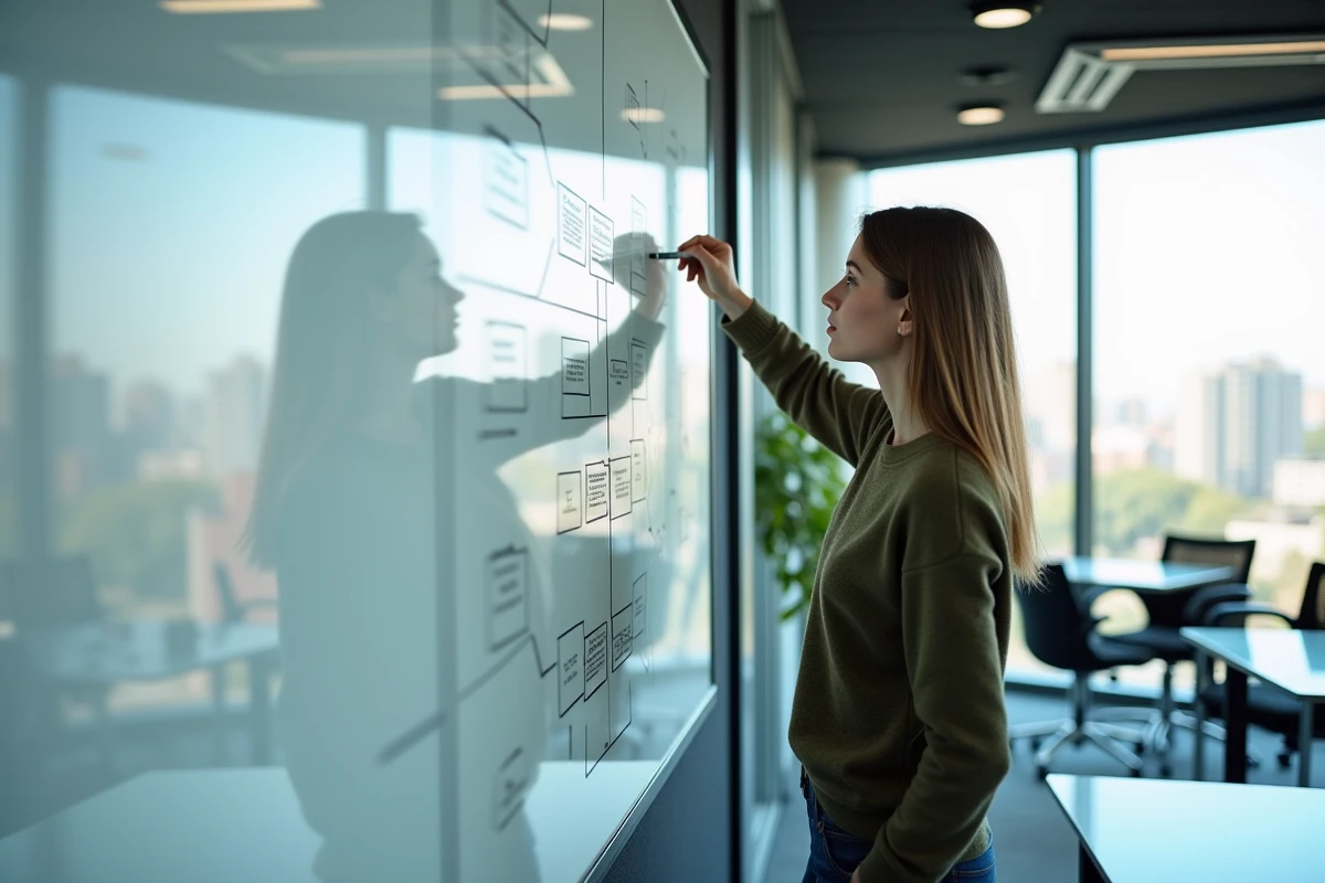 Femme dessinant un flowchart dans une salle moderne