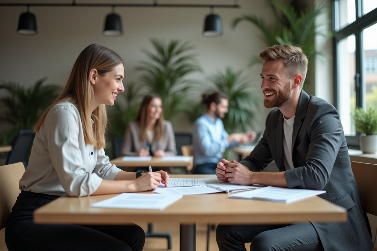 Jeune femme souriante discute de formulaires avec un collègue dans un espace de coworking