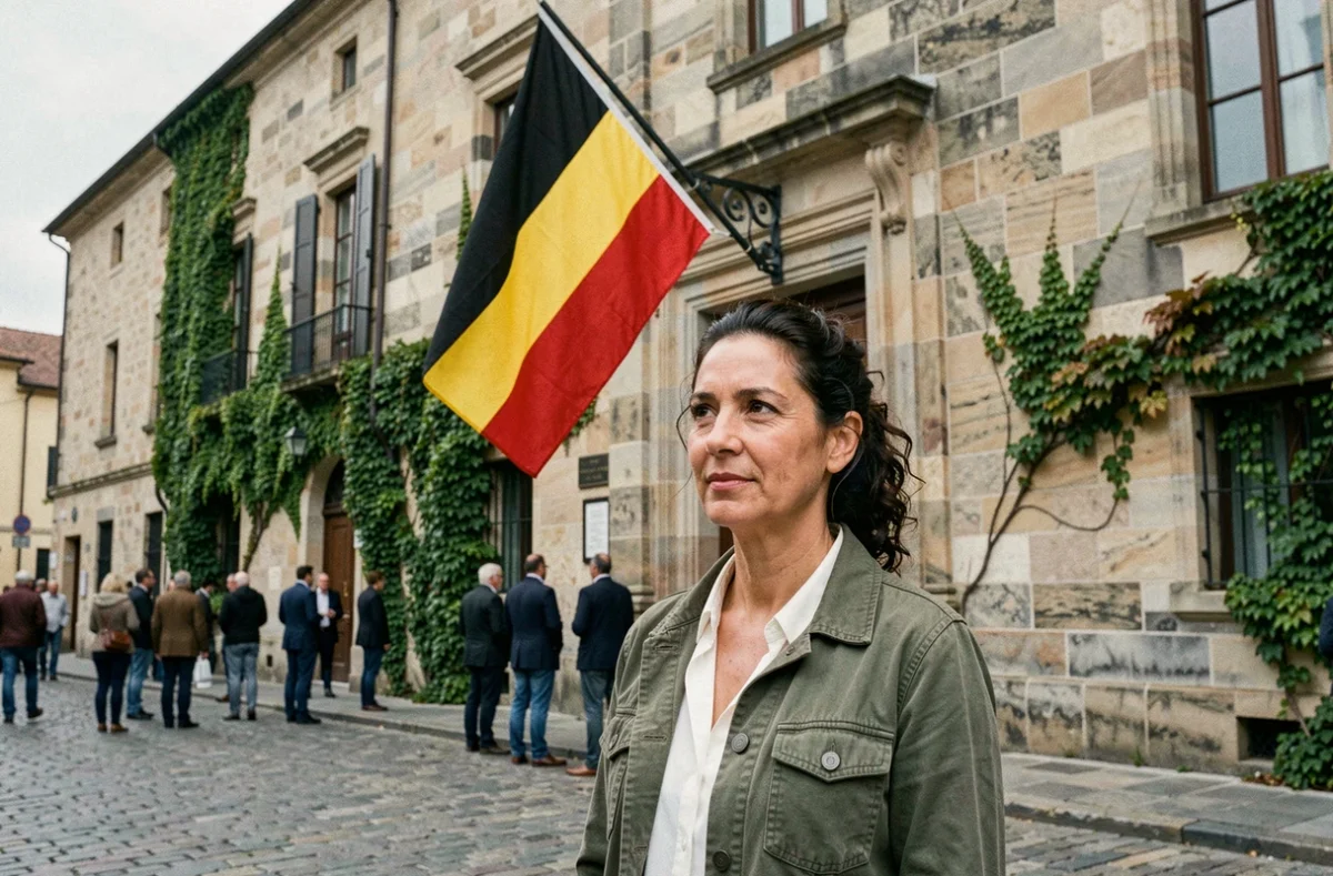 Femme devant un bâtiment historique arborant le drapeau noir jaune rouge lors d'un événement civique