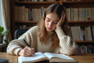 Jeune femme concentrée qui écrit dans un carnet ouvert sur un bureau en bois, entourée de dictionnaires et livres de grammaire française
