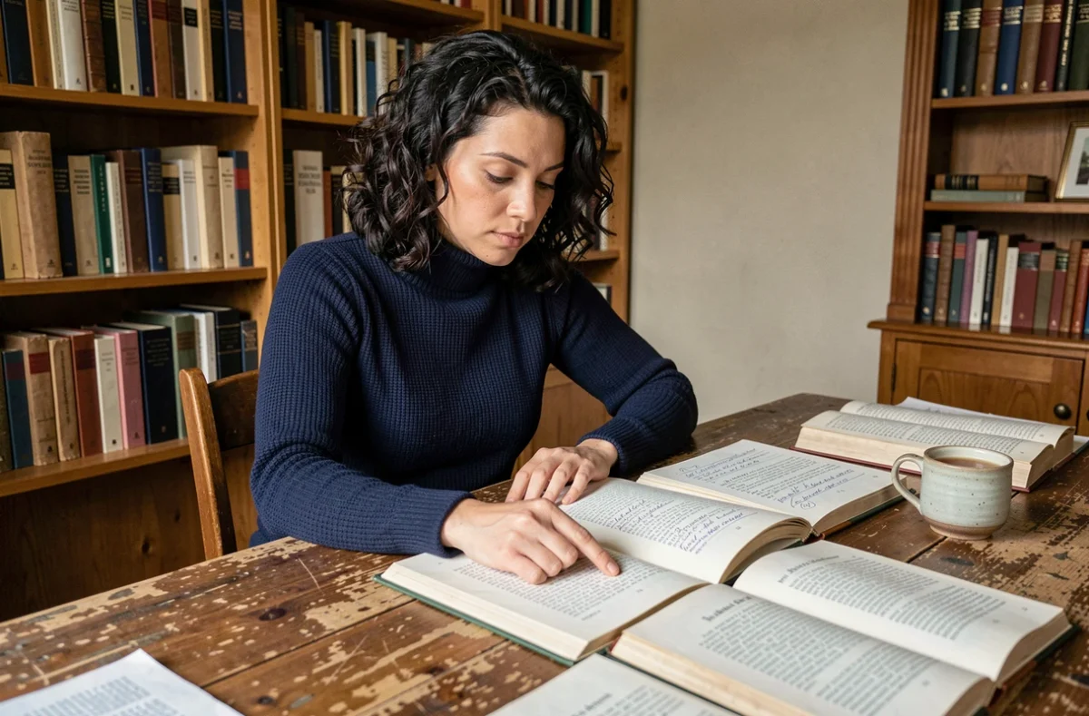 Femme étudiant des figures de style dans des livres de littérature française annotés sur un bureau en chêne dans une bibliothèque