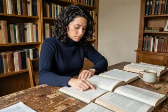 Femme étudiant des figures de style dans des livres de littérature française annotés sur un bureau en chêne dans une bibliothèque