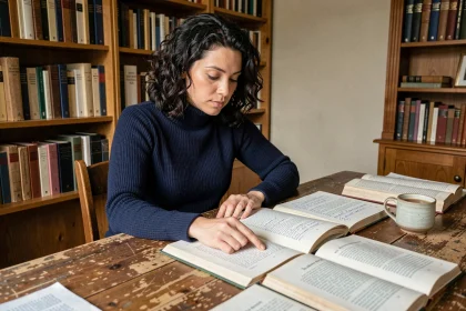 Femme étudiant des figures de style dans des livres de littérature française annotés sur un bureau en chêne dans une bibliothèque