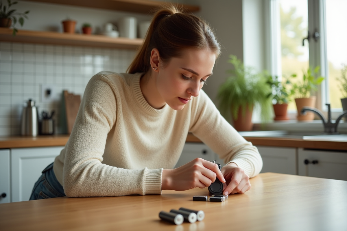 Jeune femme examinant des batteries sur une table de cuisine