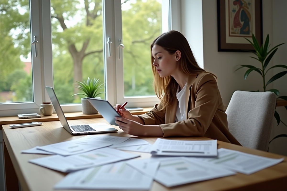 Jeune femme britannique analysant des documents financiers à la maison