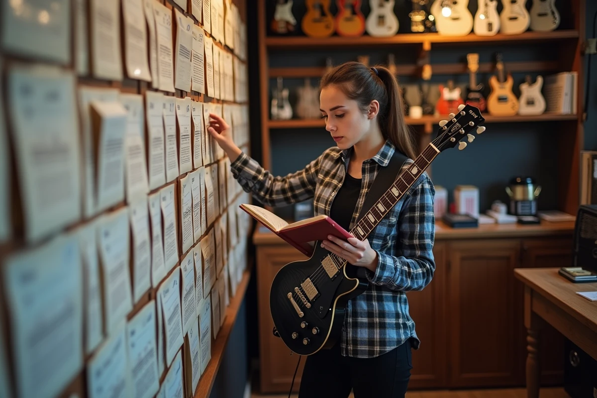 Jeune femme guitariste consultant une tablature dans un magasin de musique avec une Gibson Les Paul noire