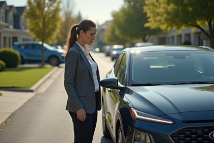 Femme examinant le capot d'une voiture hybride moderne dans une rue résidentielle