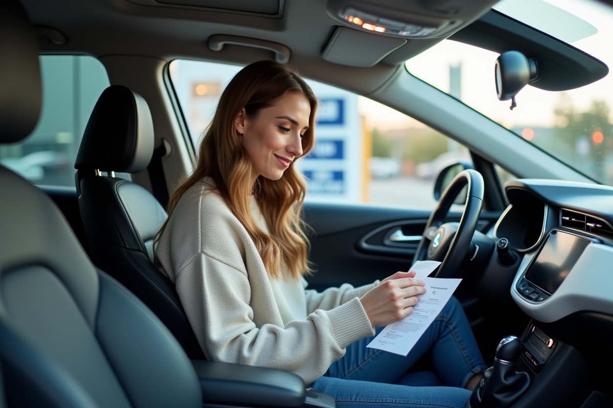 Jeune femme vérifiant un reçu dans sa voiture à hydrogène