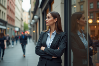 Femme d'affaires réfléchissant dans une rue urbaine animée