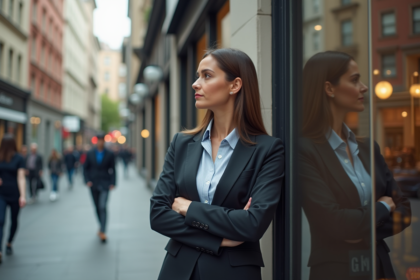 Femme d'affaires réfléchissant dans une rue urbaine animée
