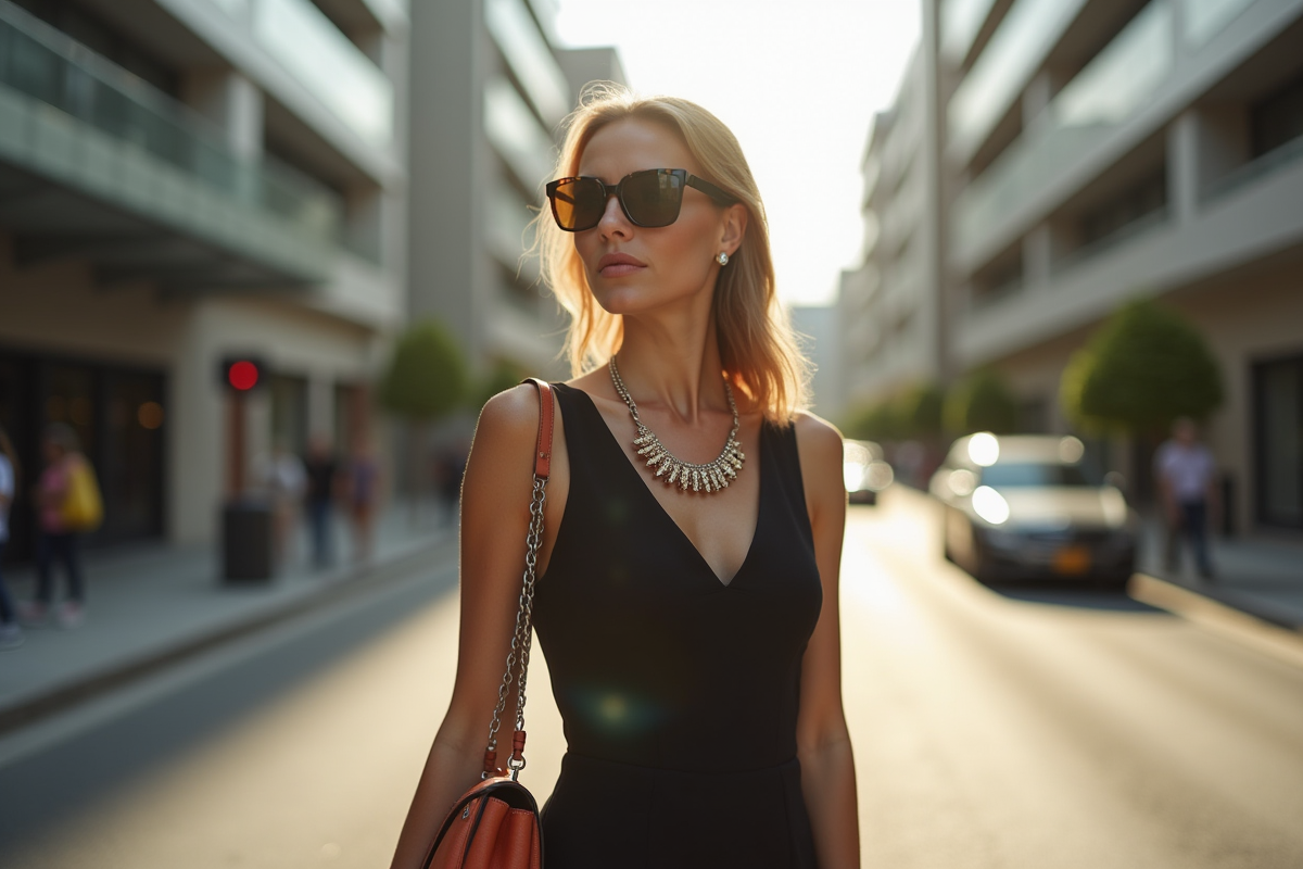 Femme élégante dans la rue avec accessoires colorés