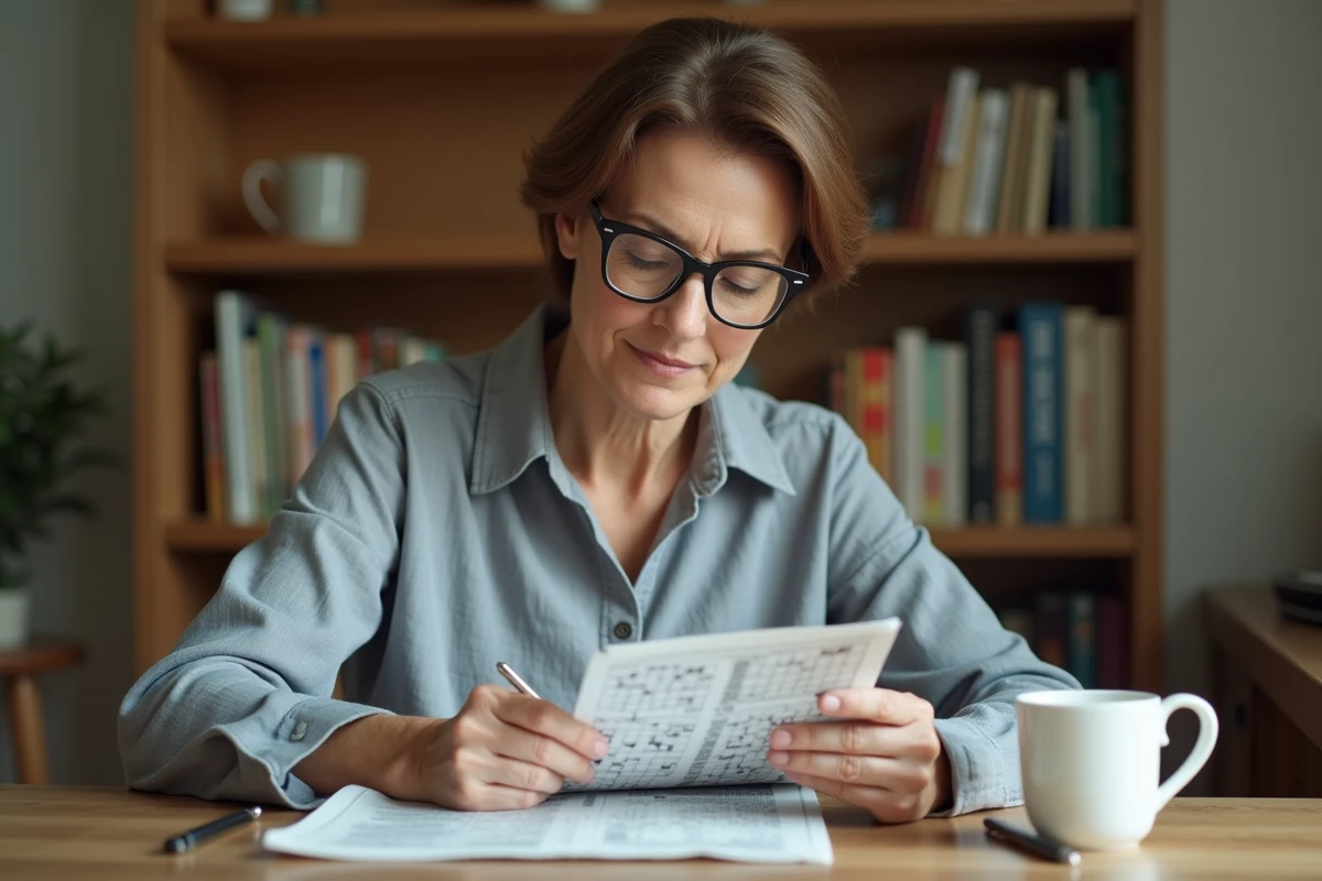 Femme résolvant des mots croisés sur une grille imprimée avec un stylo et un café