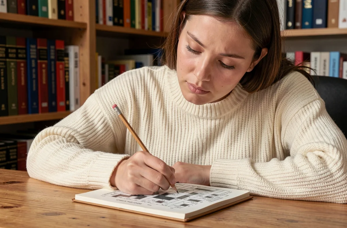 Jeune femme concentrée résolvant des mots croisés avec un crayon, entourée de dictionnaires et livres de synonymes