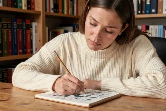 Jeune femme concentrée résolvant des mots croisés avec un crayon, entourée de dictionnaires et livres de synonymes