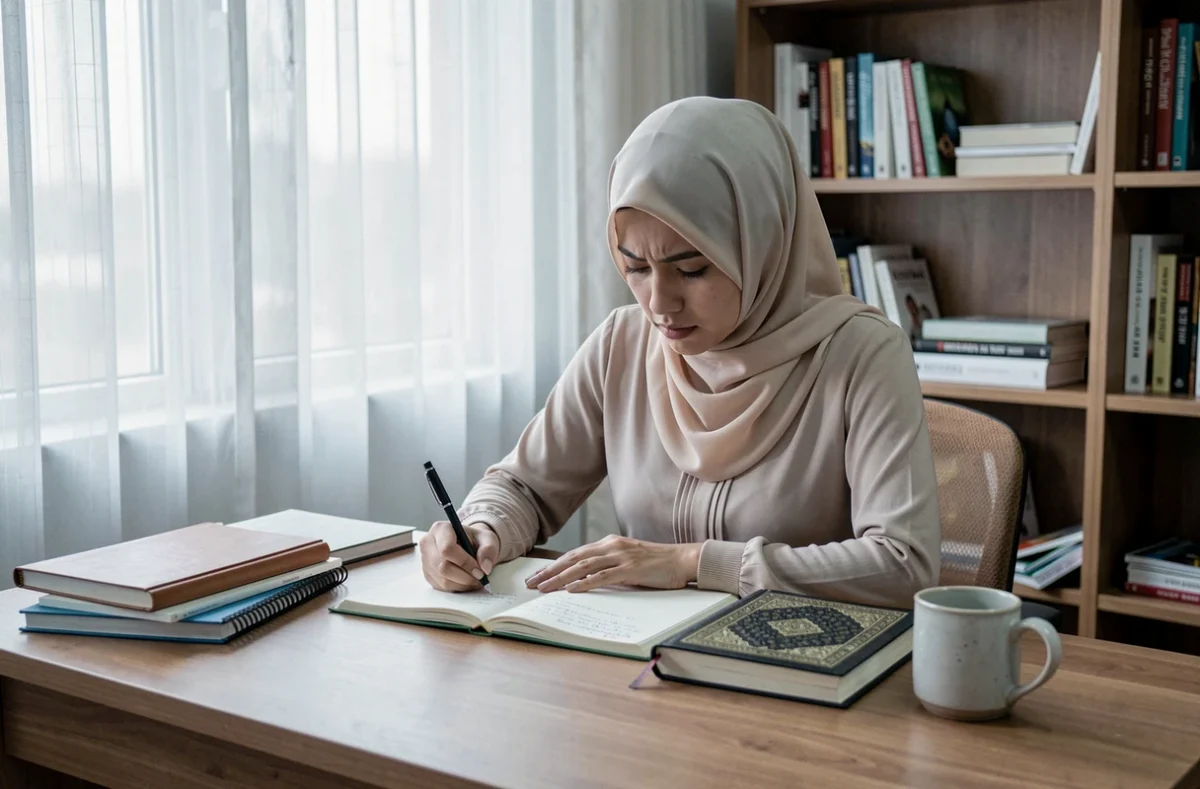 Femme musulmane étudiant la sourate Al-Kursi à son bureau avec un carnet de notes et un Coran