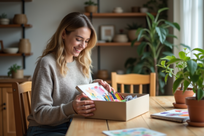 Femme souriante offrant un cadeau d'art à l'intérieur