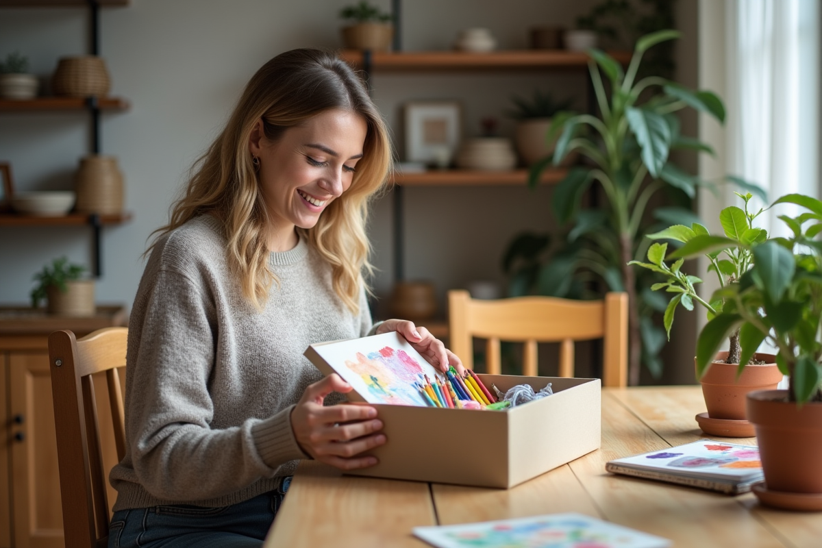 Femme souriante offrant un cadeau d'art à l'intérieur